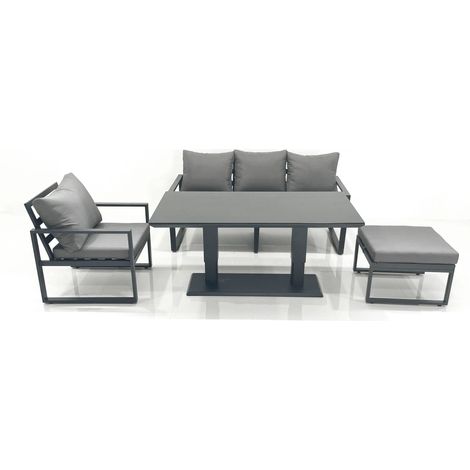 Fimous Outdoor Aluminium Garden Furniture Set with Adjustable Rising Lifting Dining Table 3 Seater Sofa Chair Big Footstool Dark Grey (1/4)