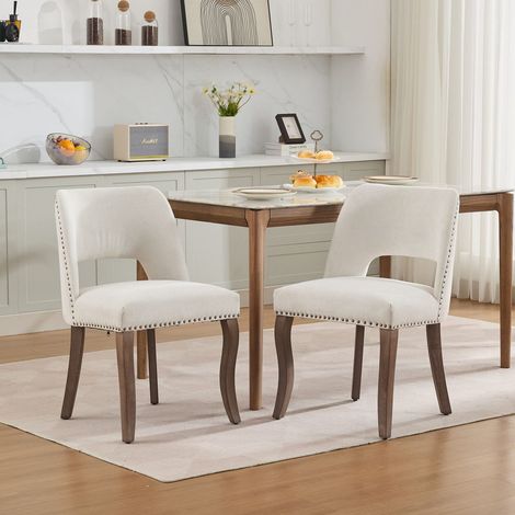 Chaise de salle à manger en tissu beige avec pieds en bois massif, style ferme, lot de 2 (1/5)