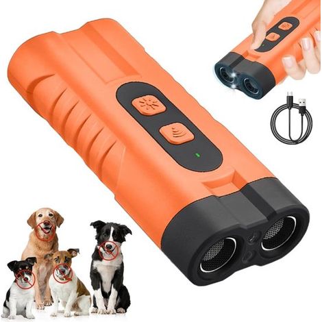 Dispositif anti-aboiements pour Chiens - Répulsifs ultrasonique - Appareil rechargeable avec 3 fréquences réglables et lampe torche LED - Idéal pour le dressage et les Chiens agressifs - Oranje - Doub (1/5)