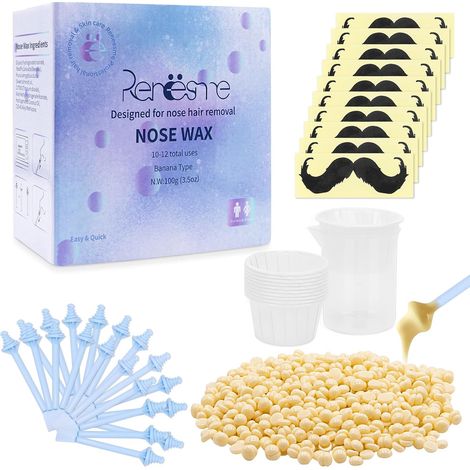 Kit de cire pour nez et poils du nez, 100 g de grains, 20 bâtonnets, 10 récipients, 1 gobelet doseur 100 ml, 10 autocollants (1/5)