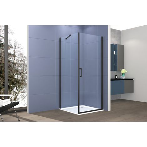Box doccia 2 lati 100x100 cm fisso + porta 1 battente H200 cm cristallo 6mm profilo Nero Opaco LUCIO