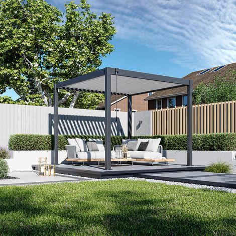 Pergola bioclimatique - 3 x 3 m - 9 m² - Structure aluminium anthracite et lames toiture acier blanches (1/5)
