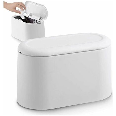 Petite poubelle de table avec couvercle à bouton-poussoir, idéale pour le bureau, la salle de bain, la cuisine, la chambre ou le garde-manger pour animaux, blanche. (1/5)