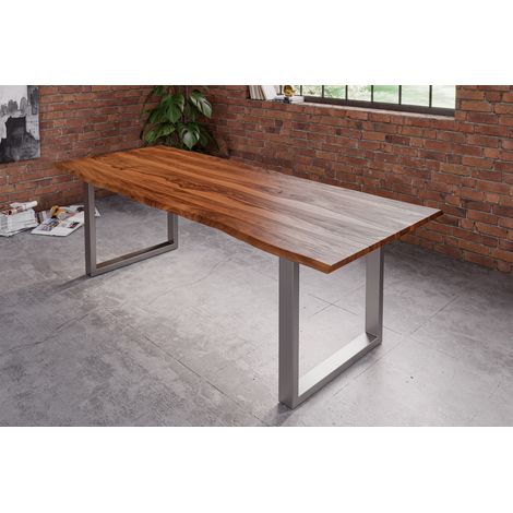 Esstisch Baumkante Massiv Sheesham-Holz naturfarben 200 x 100 U-Gestell silber Hero (1/5)