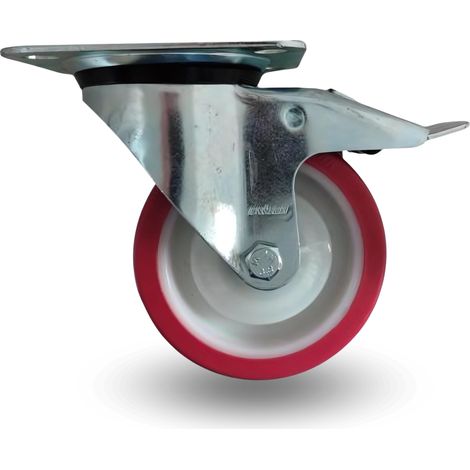 Rueda giratoria, juego de ruedas, freno, 100 mm, 200 kg, bppu, 1001, ROJO, poliuretano (1/5)