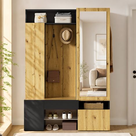 Garde-robe d’entrée MDF avec miroir, porte-chaussures, tringle et crochets, noir et naturel (1/5)