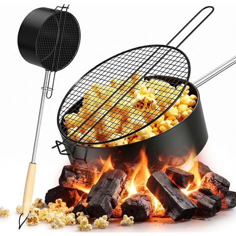 Poêle à pop-corn en acier au carbone antiadhésif, poignée résistante à la chaleur, machine à pop-corn portable pour camping, jardin, pique-nique et cinéma en plein air (1/5)