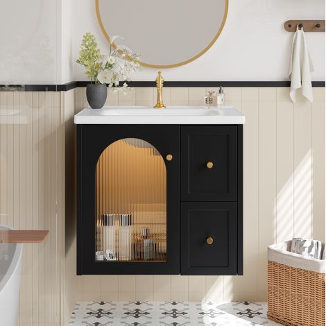 Meuble vasque suspendu moderne noir en MDF avec vasque céramique, LED intégré, porte en verre rainuré et fermeture amortie 60,5 cm (1/5)
