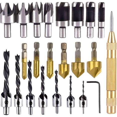 Set aus 23 Fräsern für die Holzbearbeitung, 6 1/4" 5-schneidige 90-Grad-Sechskantfräser, 7 L-förmige Bohrer, 8 Holzbohrer und 1 automatischer Zapfenschneider.