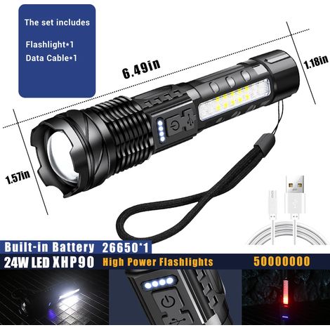 Lampe torche LED haute puissance 24 W, projecteur d'urgence, faisceau télescopique, batterie 18650 intégrée (1/5)