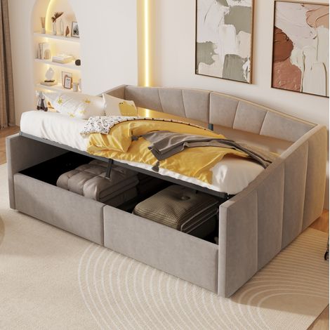 REDOM - Lit gigogne - 140x200 cm - avec rangement hydraulique - velours - gris clair (Sans matelas)