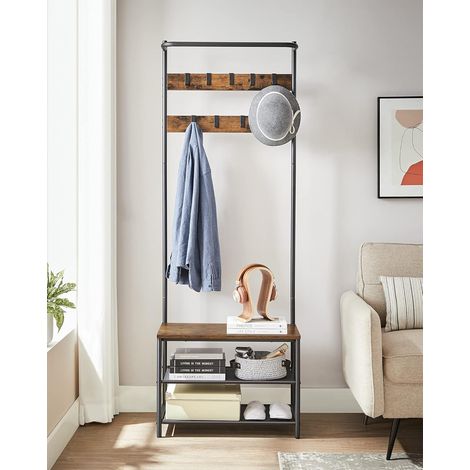 Vasagle – Meuble d’entrée 3-en-1 avec banc et étagères à chaussures – 9 crochets amovibles – Dimensions 32,2 x 64 x 180 cm – Style industriel marron rustique (1/5)