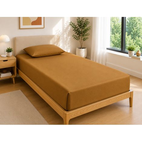 Drap Housse 90x190 cm 1 Place 100% Coton 57 Fils/cm² Bonnet 30 cm Caramel (1/3)