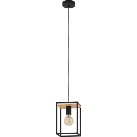 Suspension luminaire Libertad, lustre chambre en métal noir et bois (1/5)