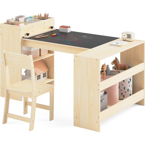 Table d'art pour enfants et 1 chaise, avec rouleau de peinture et rangement, set de table en bois réglable en hauteur pour les tout-petits, table d'activité pour enfants, pour peindre, lire (1/5)