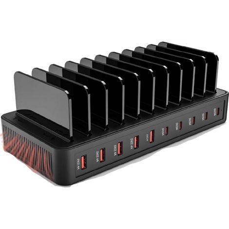 Cargador USB Multipuerto - 100 W - 10 Puertos USB-A y USB-C - Para Teléfonos, Tablets y Dispositivos USB - Uso Doméstico y Oficina - 1 Unidad