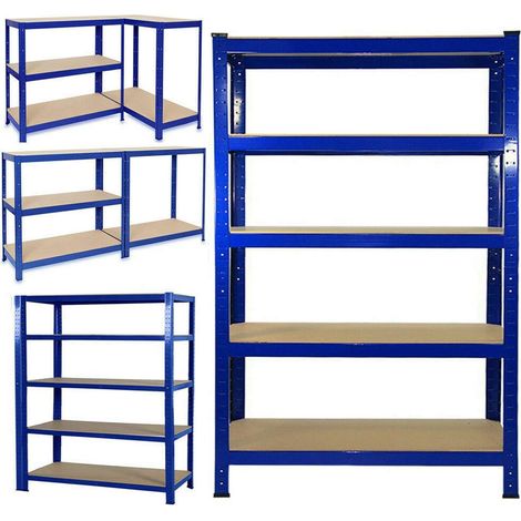 Supports robustes, supports de rangement, supports de sous-sol, matériau métallique étagères en panneaux de fibres à densité moyenne à 5 couches, adaptées aux garages, sous-sols, studios, bleu (1/5)