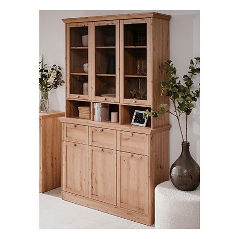 Calicosy – Buffet vaisselier 6 portes 3 tiroirs 120x40x200 cm en panneaux de particules mélaminés – Finition chêne – Pour salon ou salle à manger