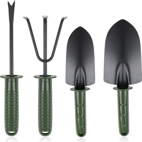 Set of 4 Garden Tools: Hand Shovel, Transplanting Shovel, Weeder and Hand Rake with Non-Slip Handle (1/4)