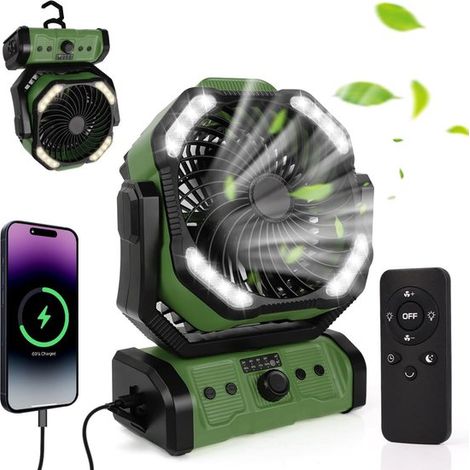 Ventilador de camping USB de 20000 mAh con iluminación LED,cabezal giratorio de 270° para pescar y como cortavientos (1/5)