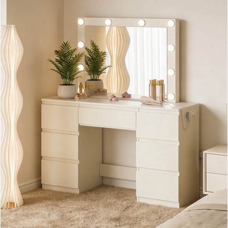 Schminktisch 110x39.5x140.5 cm Weiß Holzwerkstoff und Glas mit LED-Spiegel, 7 Schubladen und Steckdosen (1/5)
