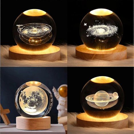 Veilleuse boule de cristal 3D représentant les planètes du système solaire, boule de cristal avec base en bois, boule de cristal gravée en 3D représentant les planètes du système solaire, décoration i (1/5)