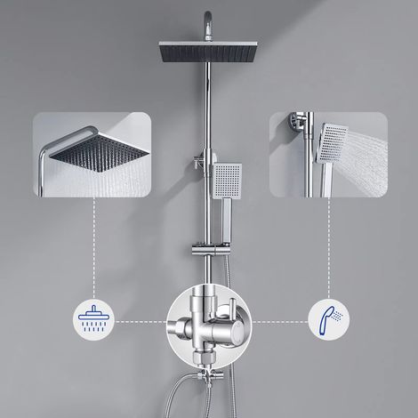 Kit de barre de douche réglable – colonne de douche – pomme de douche pluie 25 cm + douchette à main – finition chromée – compatible mitigeur thermostatique