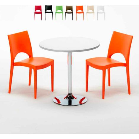 Table Ronde Blanche 70x70cm Avec 2 Chaises Colorées Grand Soleil Set Intérieur Bar Café Paris Long Island - Orange (1/5)