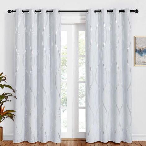 Rideaux Thermiques Blanc Cassé 132x213 cm  2 Panneaux, Motif Argenté, Œillets, Occultants et AntiUV pour Salon