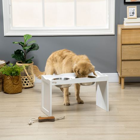 Station d'alimentation, support pour gamelles, 2 gamelles (2 litres chacune), acier inoxydable, pour grands chiens, blanc, 63 x 30 x 24 cm (1/5)