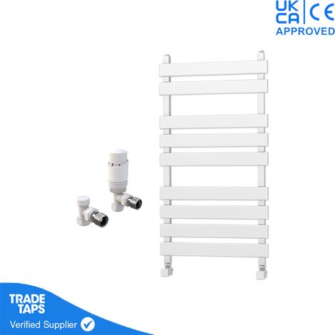 Marvella White Flat Panel Towel Rail - 950 x 500mm - Angled TRV Valve Pair (1/3)
