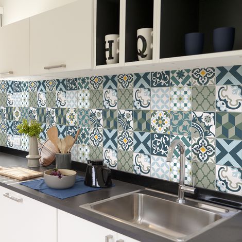 Sticker Mural Carrelage adhésif Cuisine Salle de Bain - 60 STICKERS CARREAUX DE CIMENT AZULEJOS TANZA - 60stickers20x20cm (1/5)