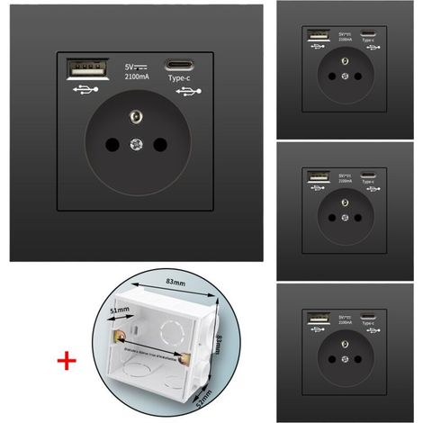 4er-Pack Wandsteckdosen mit USB und Typ-C, 5V 2,1A, EU-Standard, versenkte USB-Steckdose, Steckdosenleiste mit Montagebox, 110-250V (schwarz) (1/4)