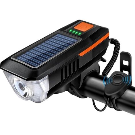 Set d'éclairage vélo solaire et USB - Batterie 2000 mAh - Portée 200 m + klaxon 120 dB - 5 modes sonores - Étanchéité IPX5 - Pour vélo électrique et VTT (1/5)