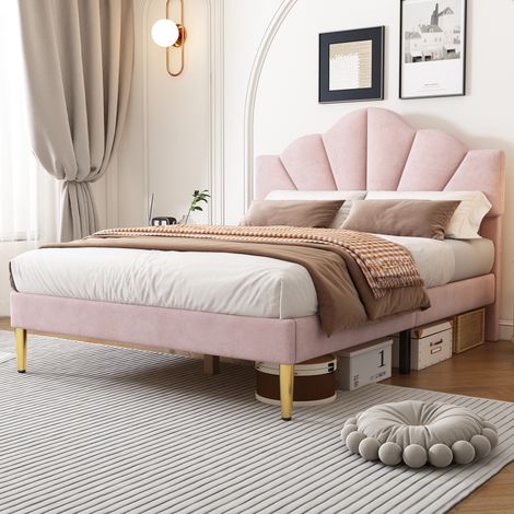 Lit rembourré en velours, lit double 140x190 cm, forme coquille, pieds en fer doré, tête de lit réglable en hauteur, sommier à lattes en bois, rose