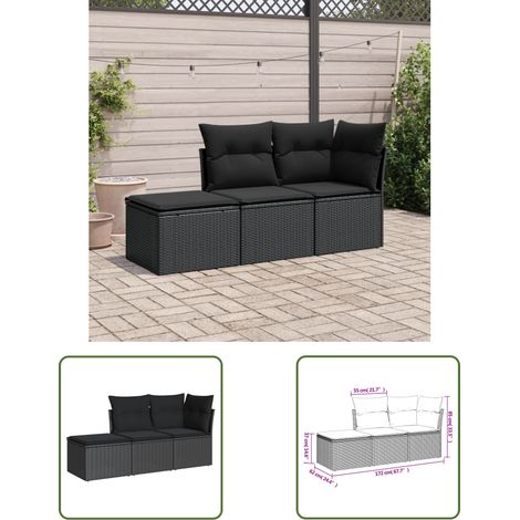The Living Store Salon de jardin 3 pcs avec coussins noir résine tressée - Ensemble Salon De Jardin - Mobilier De Jardin - Canapé Extérieur - Set Salon Exterieur - Chaise Lounge (1/3)