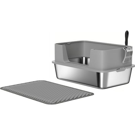 Bac litière XL en inox, cabine toilette pour chat géant, entretien facile 60,2 x 40,2 x 29,5 cm, gris (1/5)