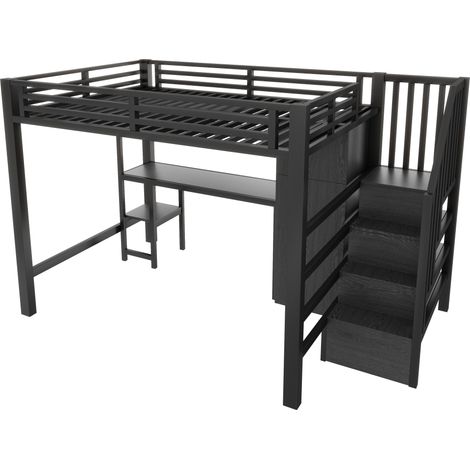 Lit mezzanine en métal 140x200 avec bureau, étagère, armoire et escalier de rangement, noir (1/5)