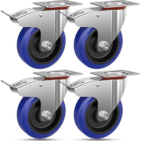 4 ruedas giratorias de 100 mm para muebles con freno - Ruedas de goma resistentes para transportar cargas de hasta 200 kg - Azul (1/5)