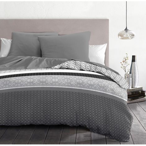 Parure de lit microfibre gris 240 x 260 cm – Housse de couette avec fermeture zippée – Lot de 2 taies carrées 63 x 63 cm – Home Linge Passion (1/3)