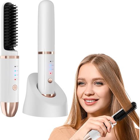 Brosse lissante sans fil rechargeable en céramique avec base de chargement — 3 températures (160-200 °C), 5 000 mAh, contrôle des frisottis par ionisation (1/5)