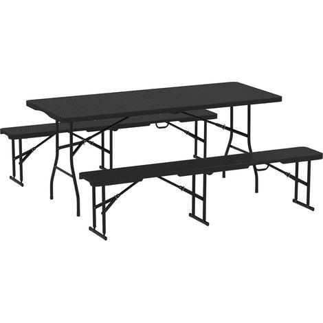Set da Pic Nic Pieghevole a 3 Pezzi con Tavolo e 2 Panche in HDPE e Metallo Nero