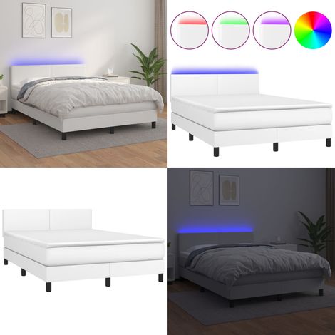 Sommier à lattes de lit avec matelas et LED Blanc 140x190 cm - Sommier Tapissier - Lit Plateforme - Lit Avec Rangement - Tête De Lit Ajustable - Éclairage Led - Home & Living (1/5)