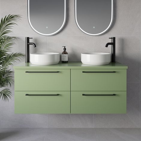 Napoli 460 Olive Green 1200mm Wall Mounted 4 Drawer Vanity Unit for Countertop Basins - 1200mm - Matt Black 320mm Handle