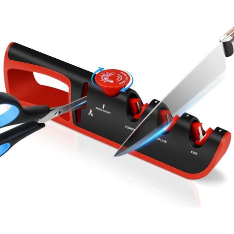 Aiguiseur de couteaux, 4 en 1 avec affûteur de couteaux manuel – Bouton d'angle réglable en 6 étapes, affûteur de couteaux professionnel multifonctionnel pour la restauration, le polissage, les coutea
