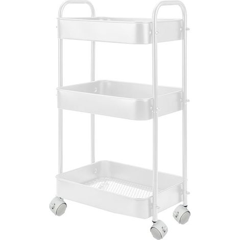 Chariot de service en métal blanc à 3 plateaux avec roues pivotantes, desserte cuisine à roulettes - L 45 x p 30 x H 78 cm (1/3)