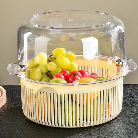 Panier égouttoir rotatif, panier déshydrateur multifonctionnel pour fruits et légumes, bassine d'égouttage double couche pour la maison, plateau à fruits, transparent et blanc crème (1/5)