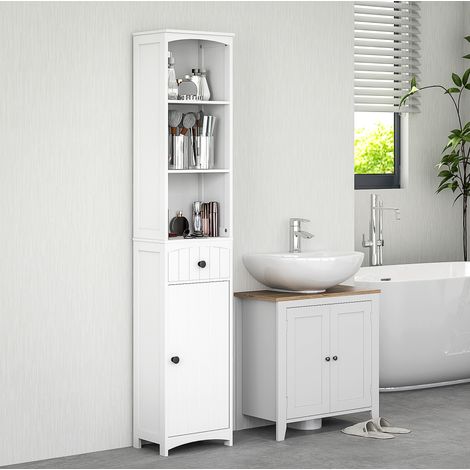Mueble alto de baño con 3 estantes y 1 cajón, blanco, 34 x 24 x 170,5 cm, OKWISH (1/5)