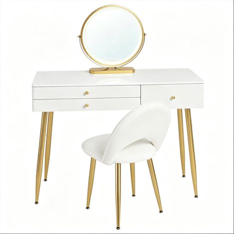 Coiffeuse LED avec miroir rond 40 cm, 3 tiroirs et chaise velours réglable, meuble maquillage blanc et doré pour chambre ou bureau  CHICFURN (1/5)