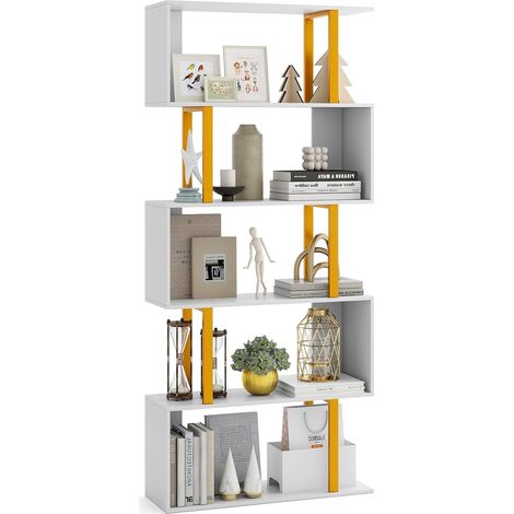 COSTWAY Libreria a 5 Livelli in Legno, Scaffale con Struttura in Metallo, Forma di S, Librerie Salvaspazio Divisorio per Soggiorno Ufficio e Studio, Carico 120kg (70 x 24 x 157 cm) (1/5)